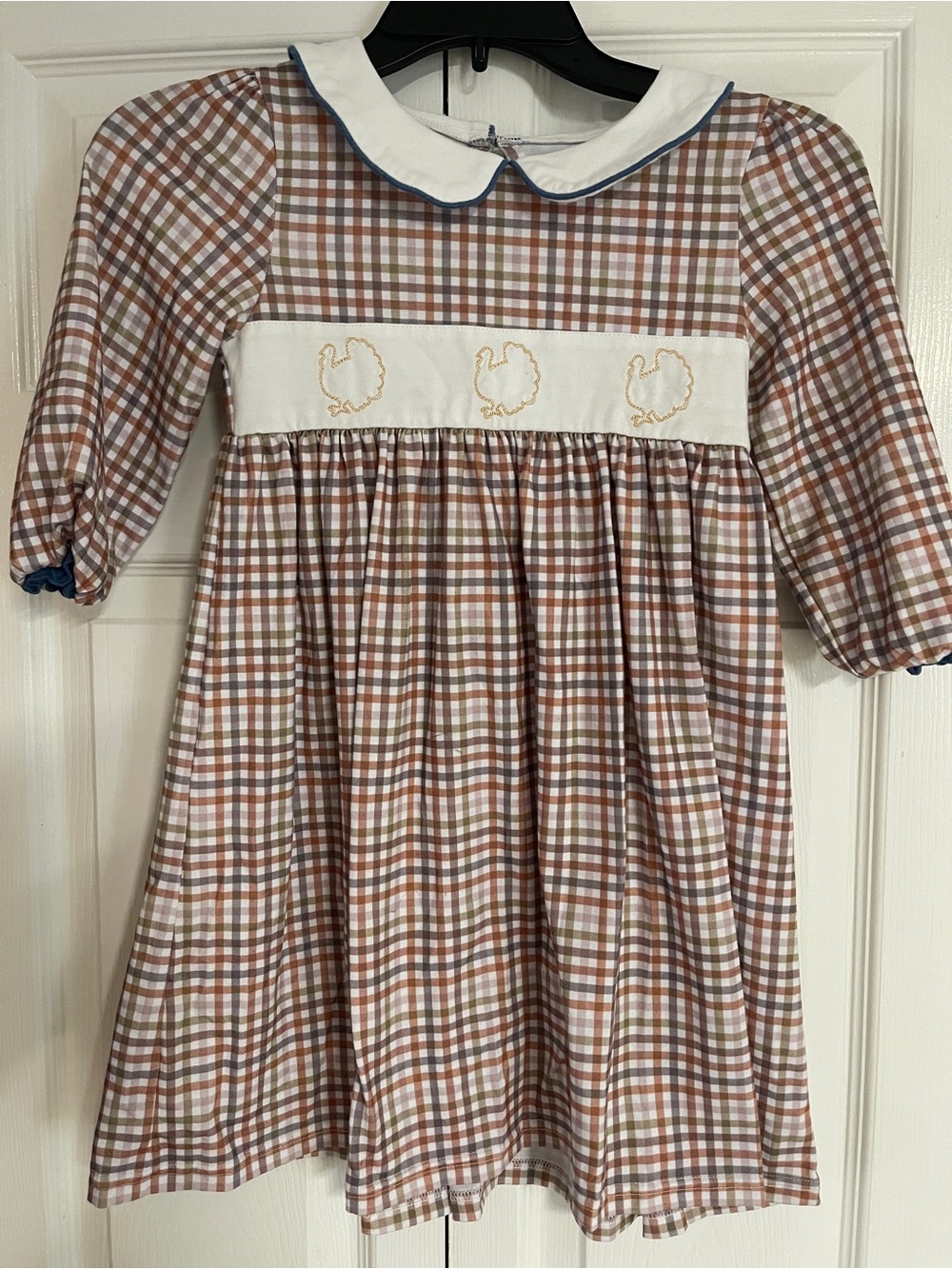 Toddler Brown Plaid Turkey Dress with White Peter Pan Collar